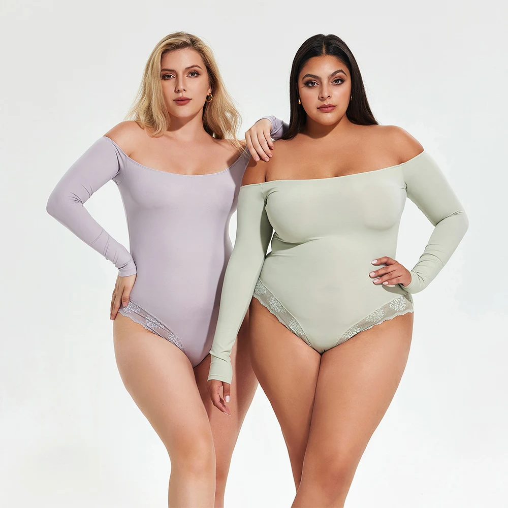 Plus Size Off-Shoulder Long Sleeve Bodysuit for Women – Soft Stretch Shaping One Piece