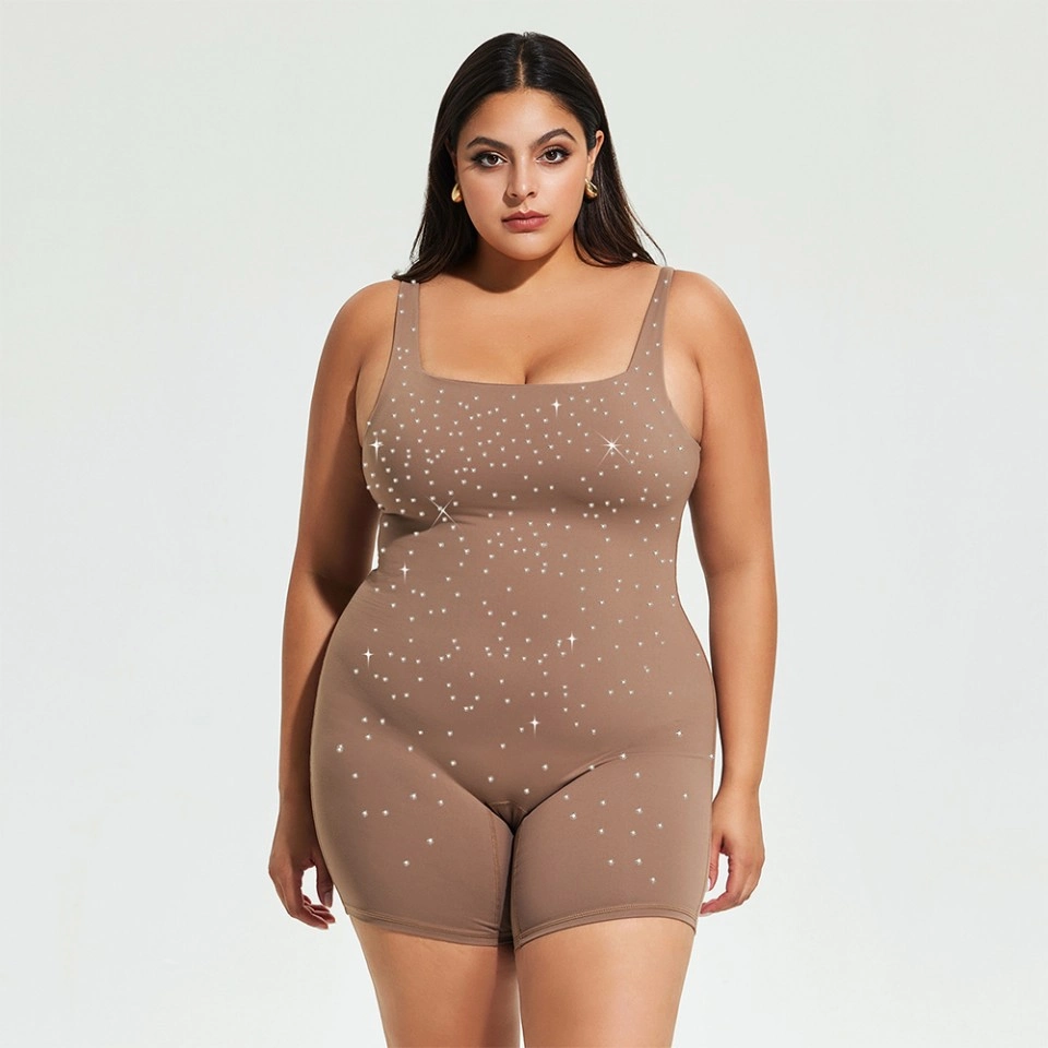 Plus Size Rhinestone Shapewear Romper Bodysuit – Tummy Control Seamless Jumpsuit