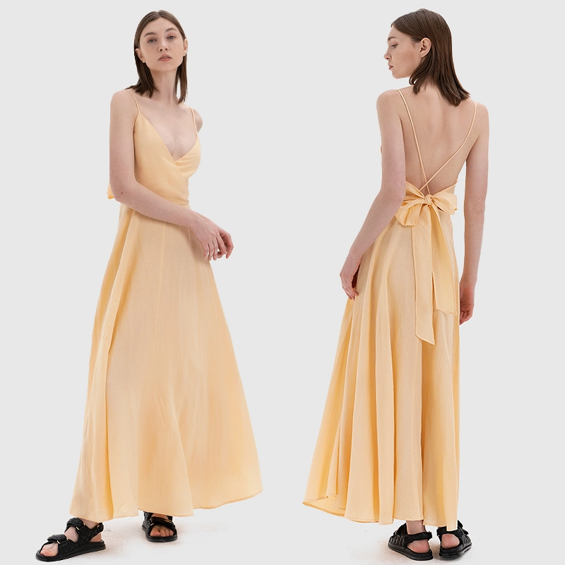 Butter Yellow Linen Backless Maxi Dress