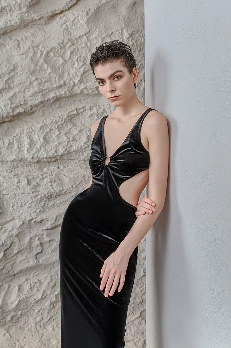 Noir Velvet Cut-Out Backless Column Dress