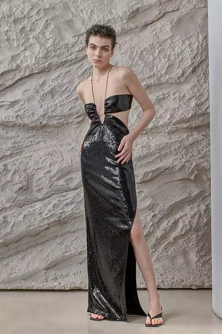 Sparkly Sequin Halter Cut-Out Maxi Dress with Thigh Slit in Black