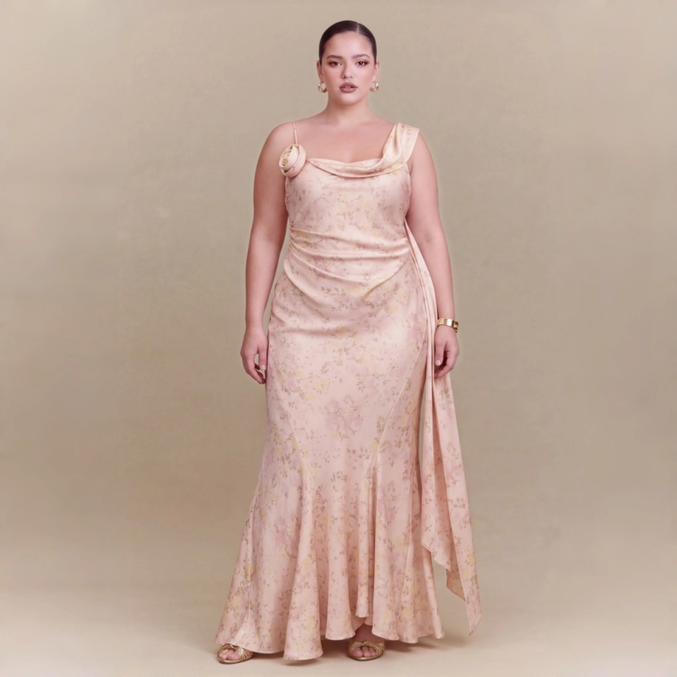 Romantic Floral Cowl Neck Maxi Dress with Rosette Accent – Elegant Asymmetrical Silk-Like Evening Gown
