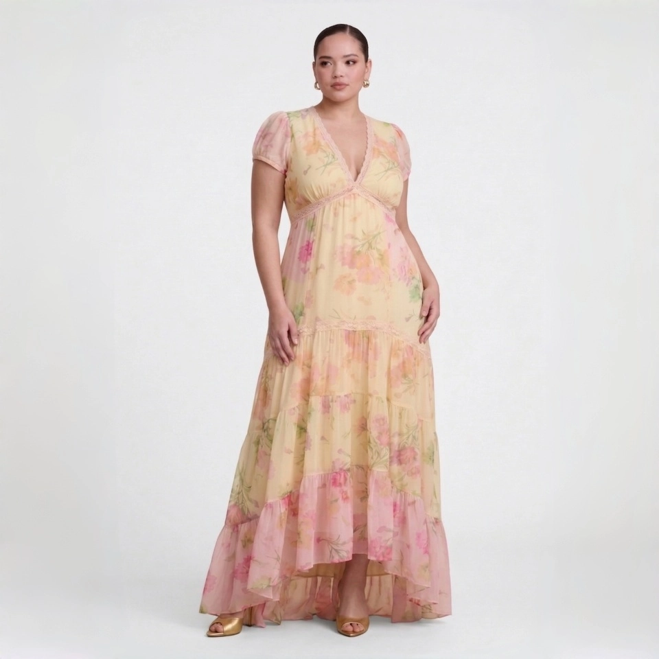 Pastel Floral Print V-Neck Maxi Dress - Elegant Short Sleeve Ruffle Tiered High-Low Long Dress