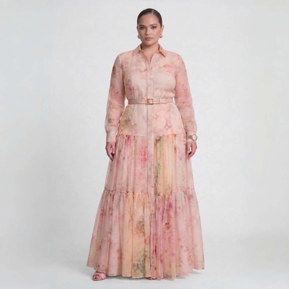 Plus Size Elegant Floral Print Tiered Maxi Shirt Dress with Belt