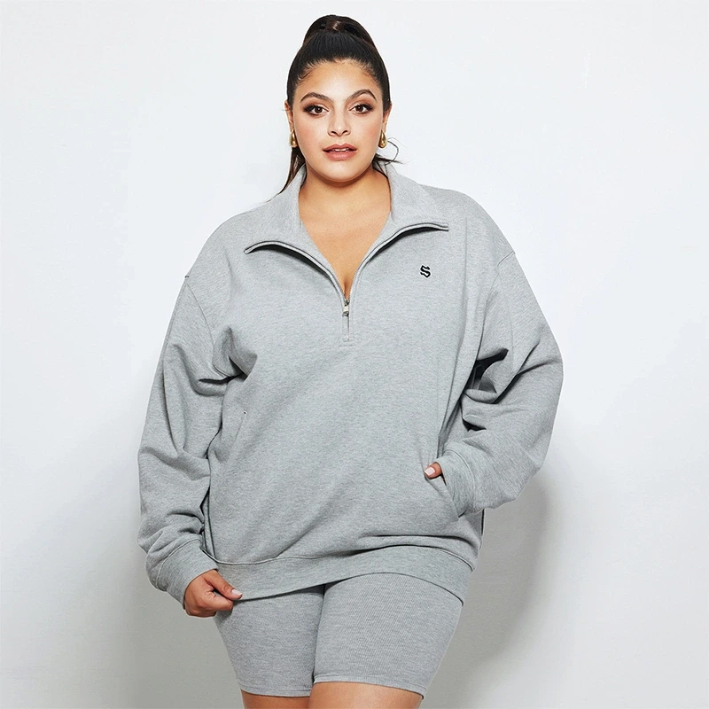 Plus Size Embroidered Quarter-Zip Sweatshirt - Casual Comfy Drop Shoulder Pullover Solid Fleece Top