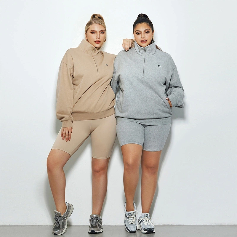 plus-size-half-zip-sweatshirt-apricot-front-view