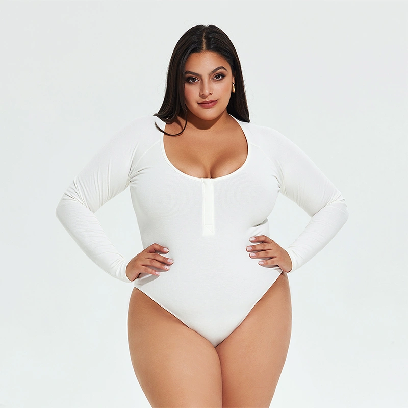 From Attitude Ribbed Long Sleeve Scoop Neck Henley Bodysuit