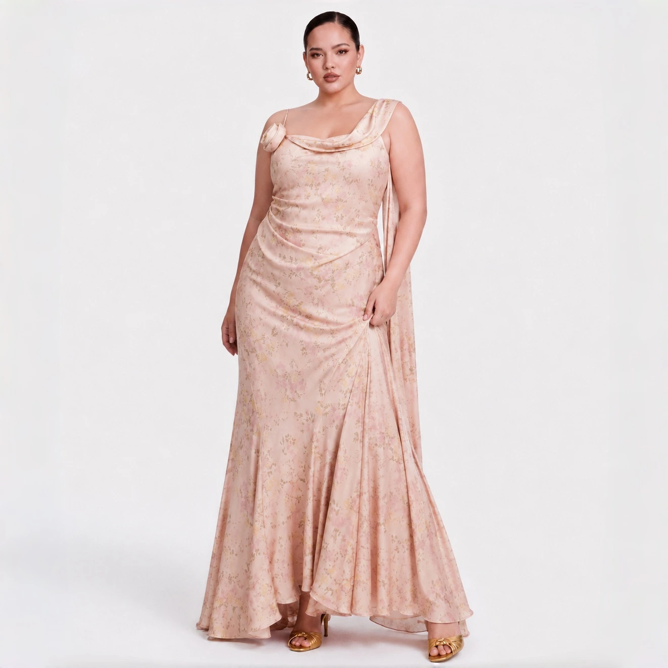 Romantic Floral Cowl Neck Maxi Dress with Rosette Accent – Elegant Asymmetrical Silk-Like Evening Gown for Formal Events