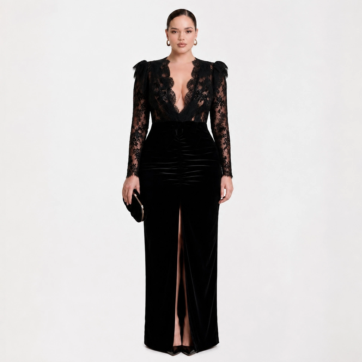 luxury-black-lace-velvet-evening-gown-front