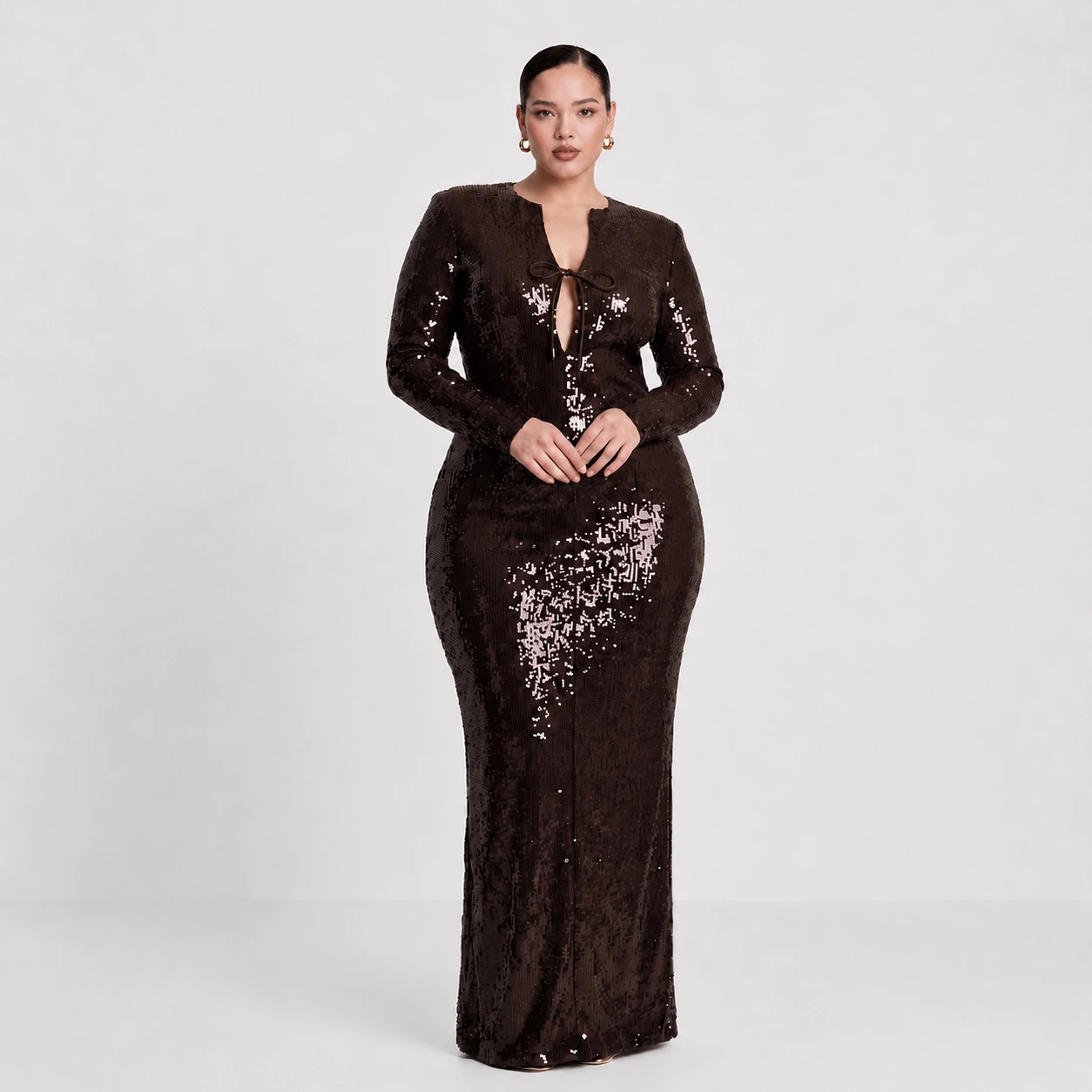 Elegant Brown Sequin Maxi Dress - Long Sleeve Keyhole Evening Gown for Formal Party & Wedding Guest