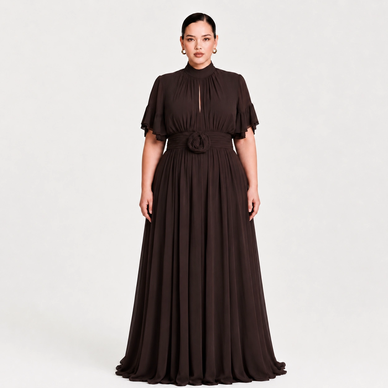 Elegant Mock Neck Pleated Maxi Dress with Ruffle Sleeves & Rosette for Evening Glam
