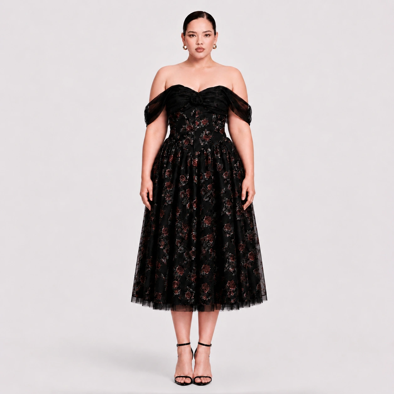 Off-Shoulder Rose Floral Midi Dress | Elegant Tulle Party Gown