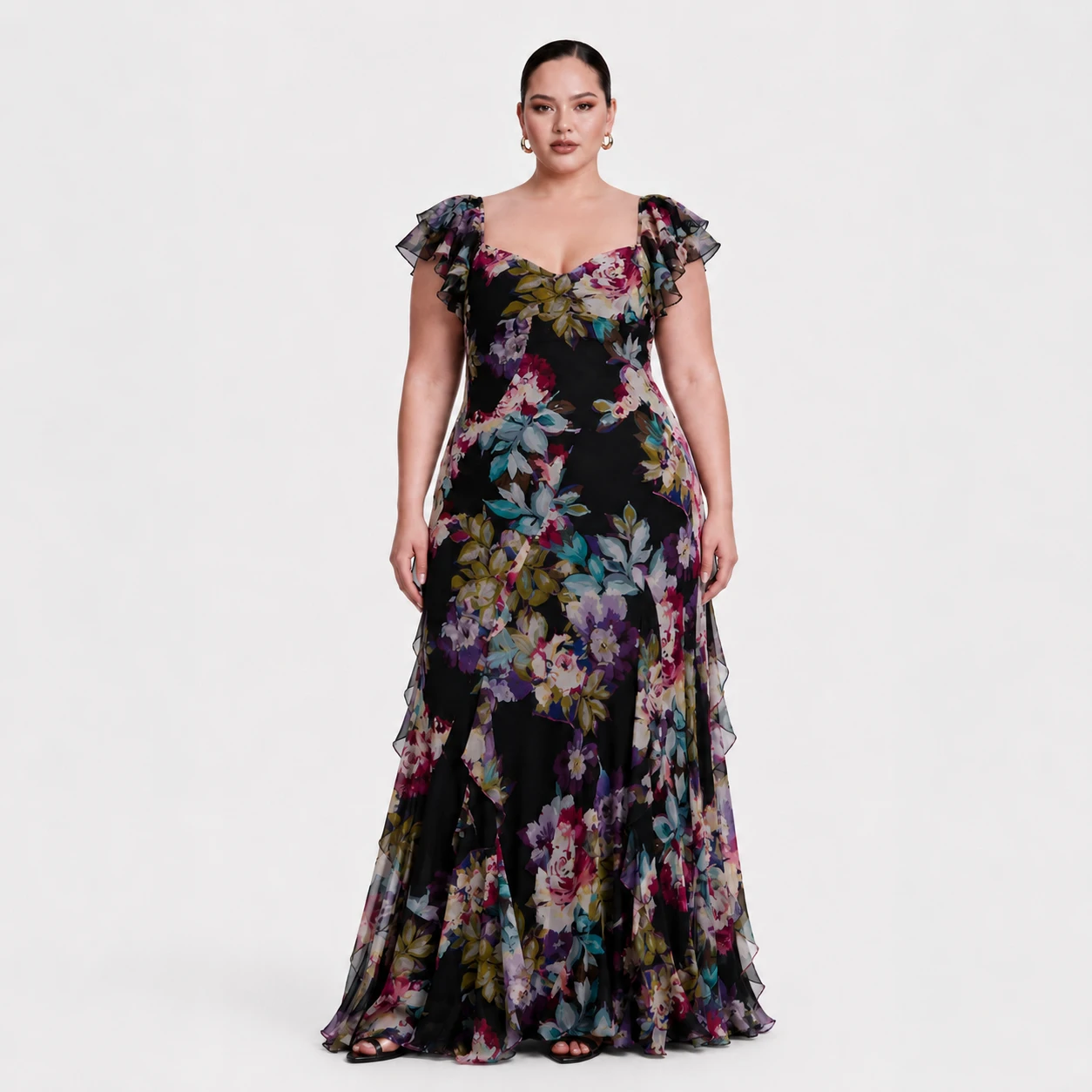 Plus Size Floral Print Chiffon Maxi Evening Dress with Flutter Sleeves for Women Wedding Guest Formal Party