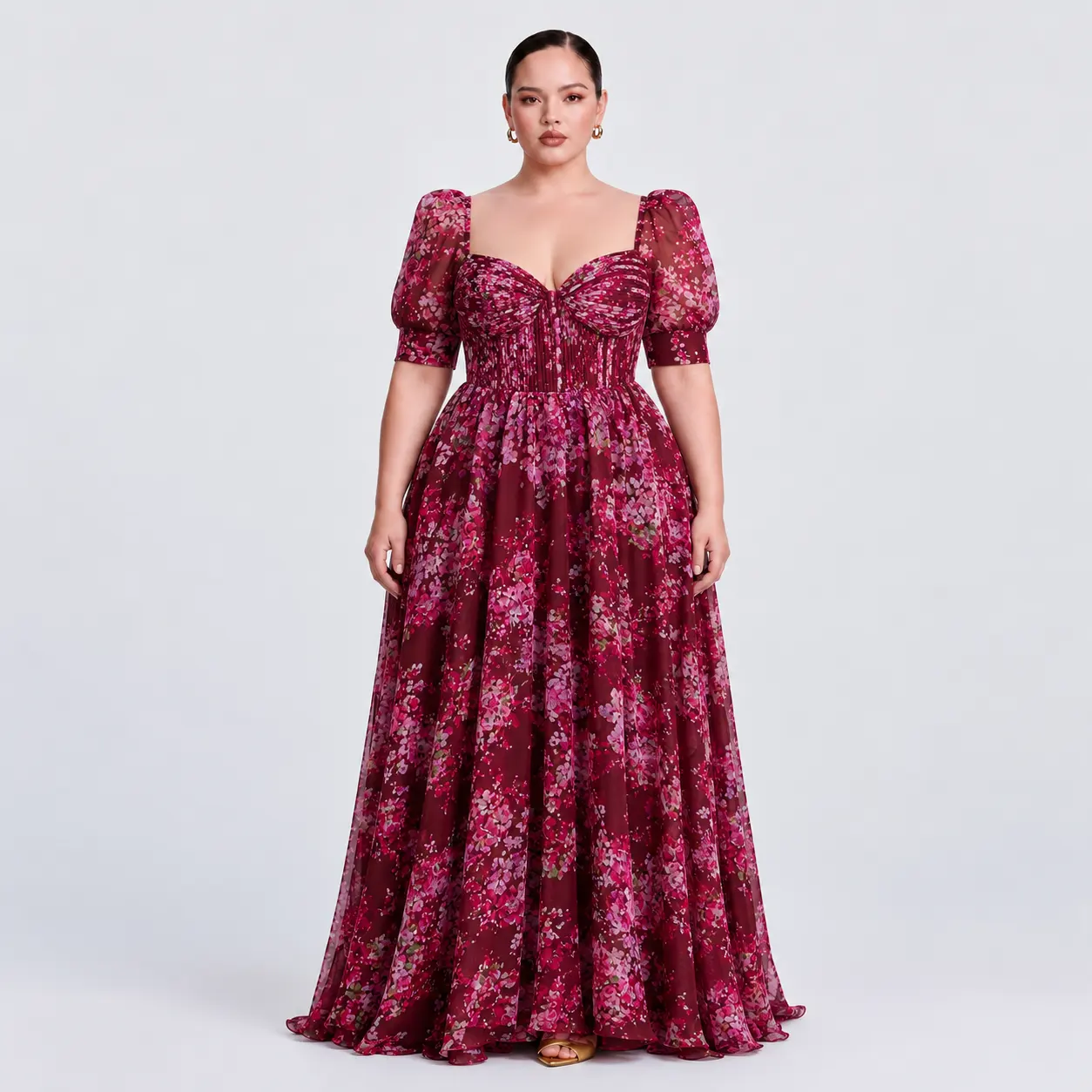 Burgundy Floral Print Maxi Dress with Puff Sleeves & Sweetheart Neck