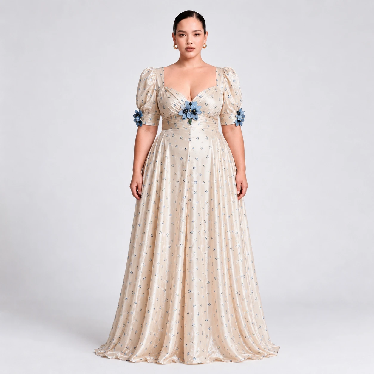 Elegant Floral Puff Sleeve A-Line Evening Gown Long Dress
