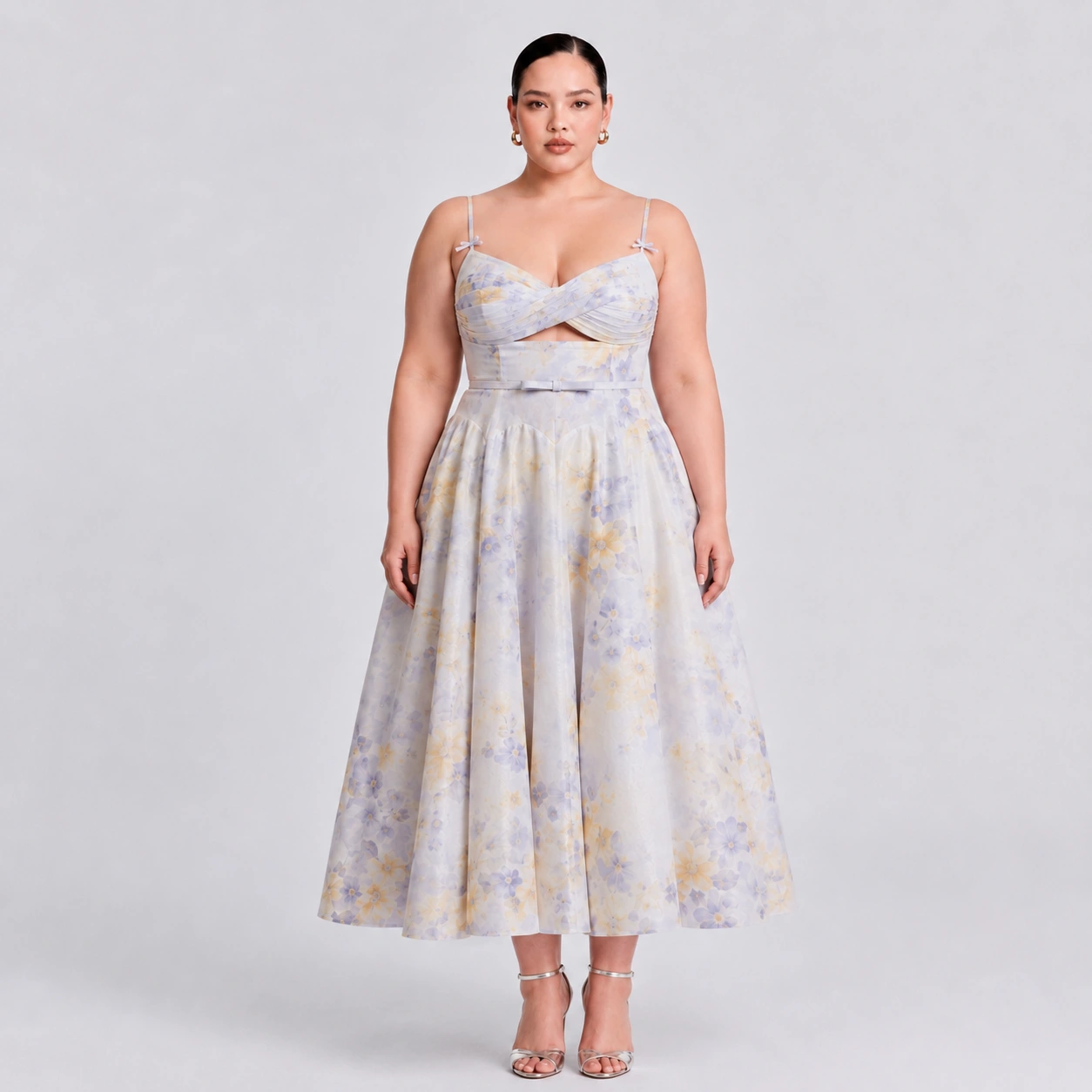 Floral Print Cutout Midi Dress with Bow Straps for Evening Glam Party Wear