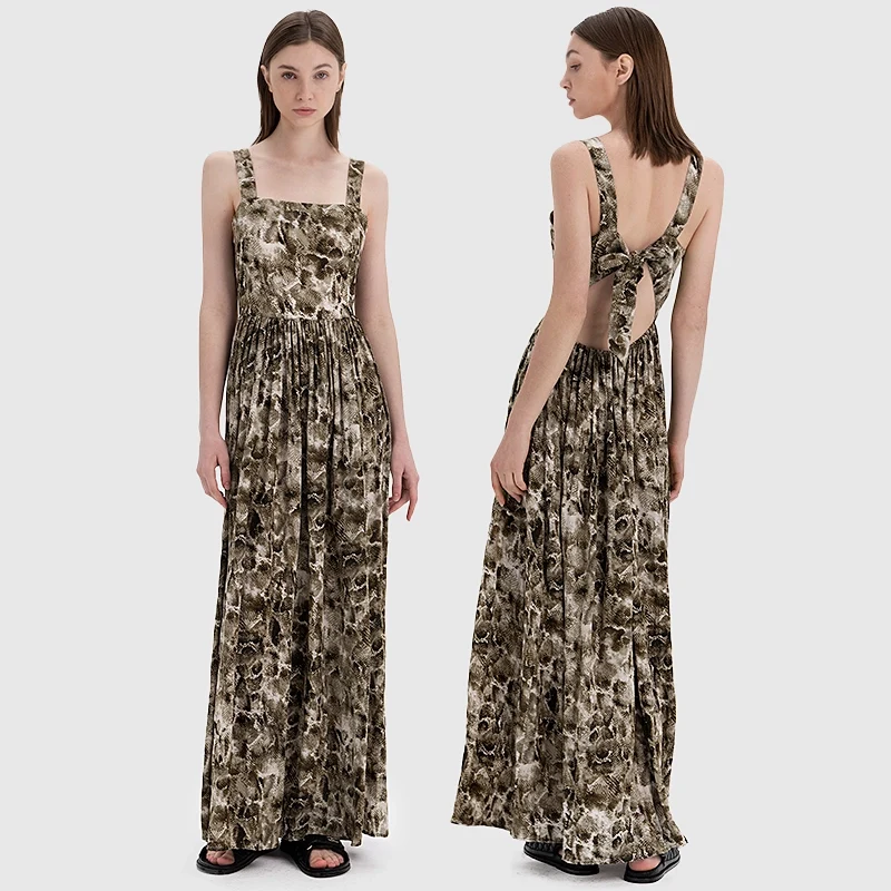 Snake Print Open Back Pleated Maxi Dress With Bow Tie Detail