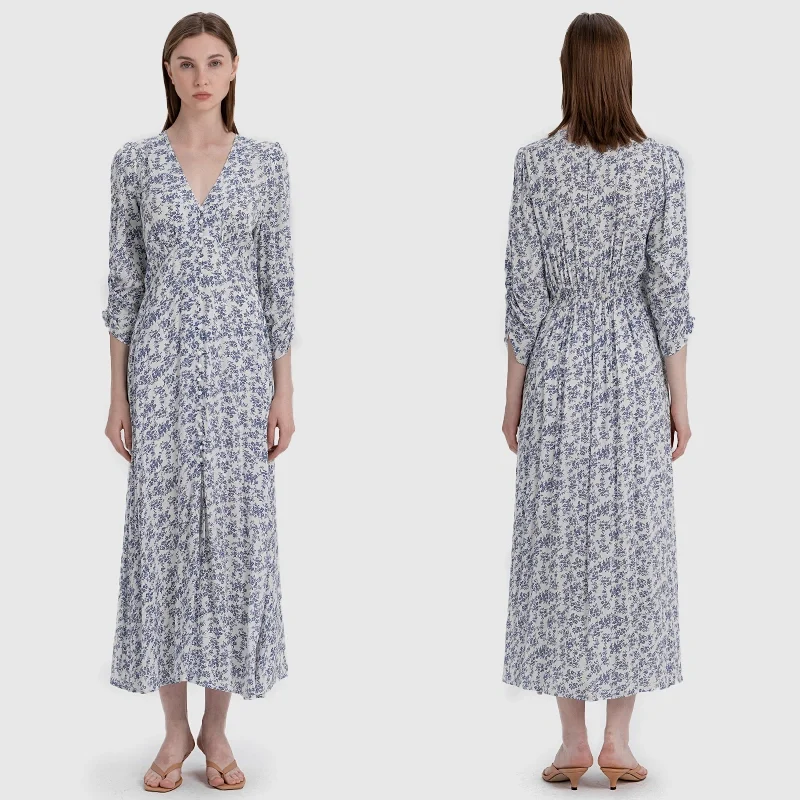 Vintage Floral V-Neck Maxi Dress with Ruched Sleeves