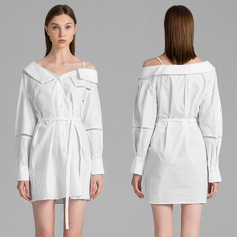 Off-Shoulder White Cotton Shirt Dress with Lace Insert