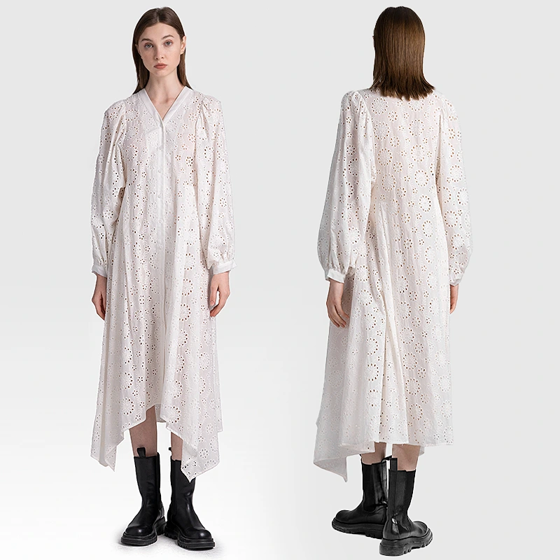 Elegant White Eyelet Lace V-Neck Maxi Dress with Lantern Sleeves