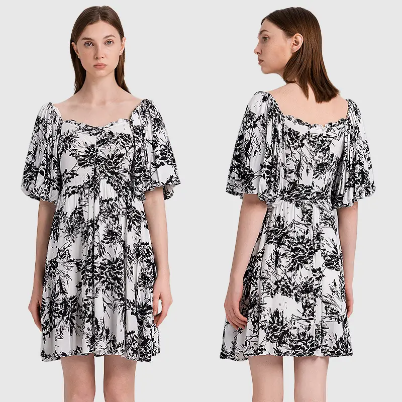 Vintage Black & White Floral Puff Sleeve Square Neck Mini Dress