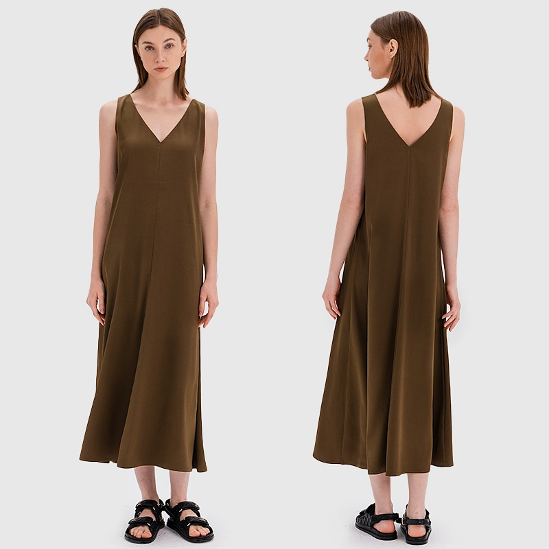 Minimalist Sleeveless V-Neck A-Line Maxi Dress in Coffee Brown
