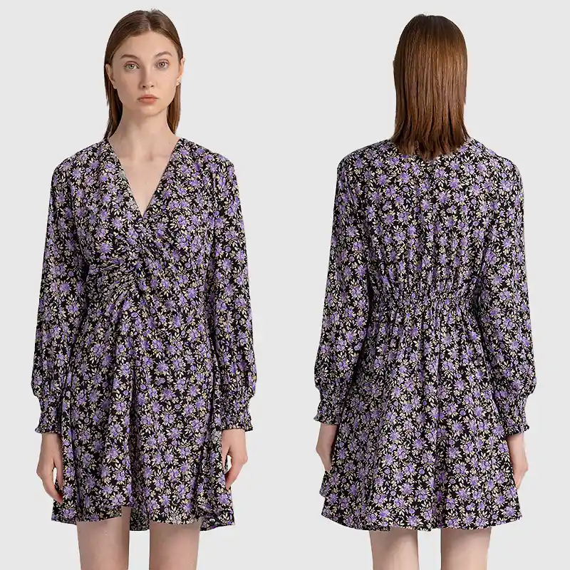Purple Floral Ruched V-Neck Long Sleeve Mini Dress for Women Everyday Classic Casual Wear