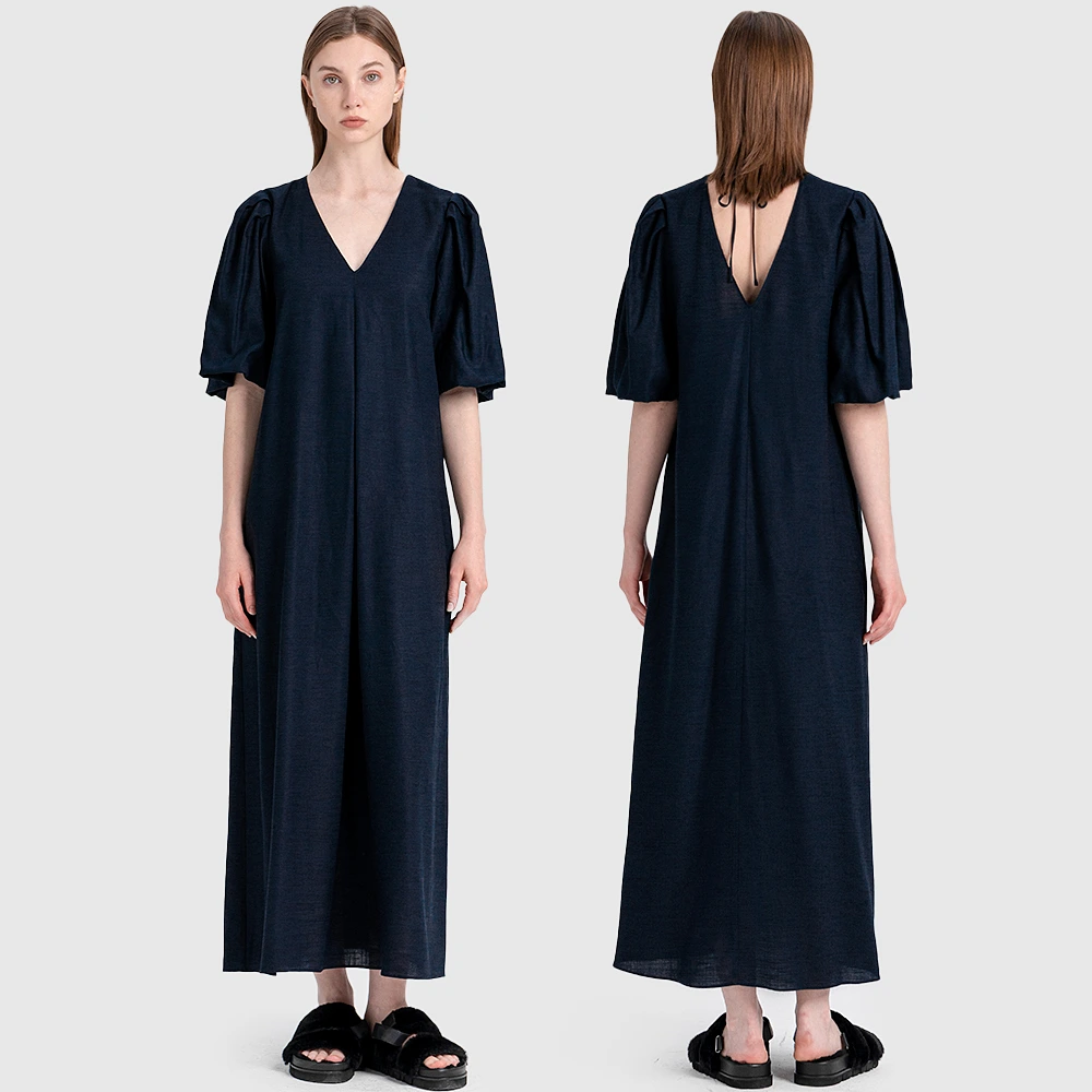 Navy V-Neck Puff Sleeve Open Back Maxi Dress
