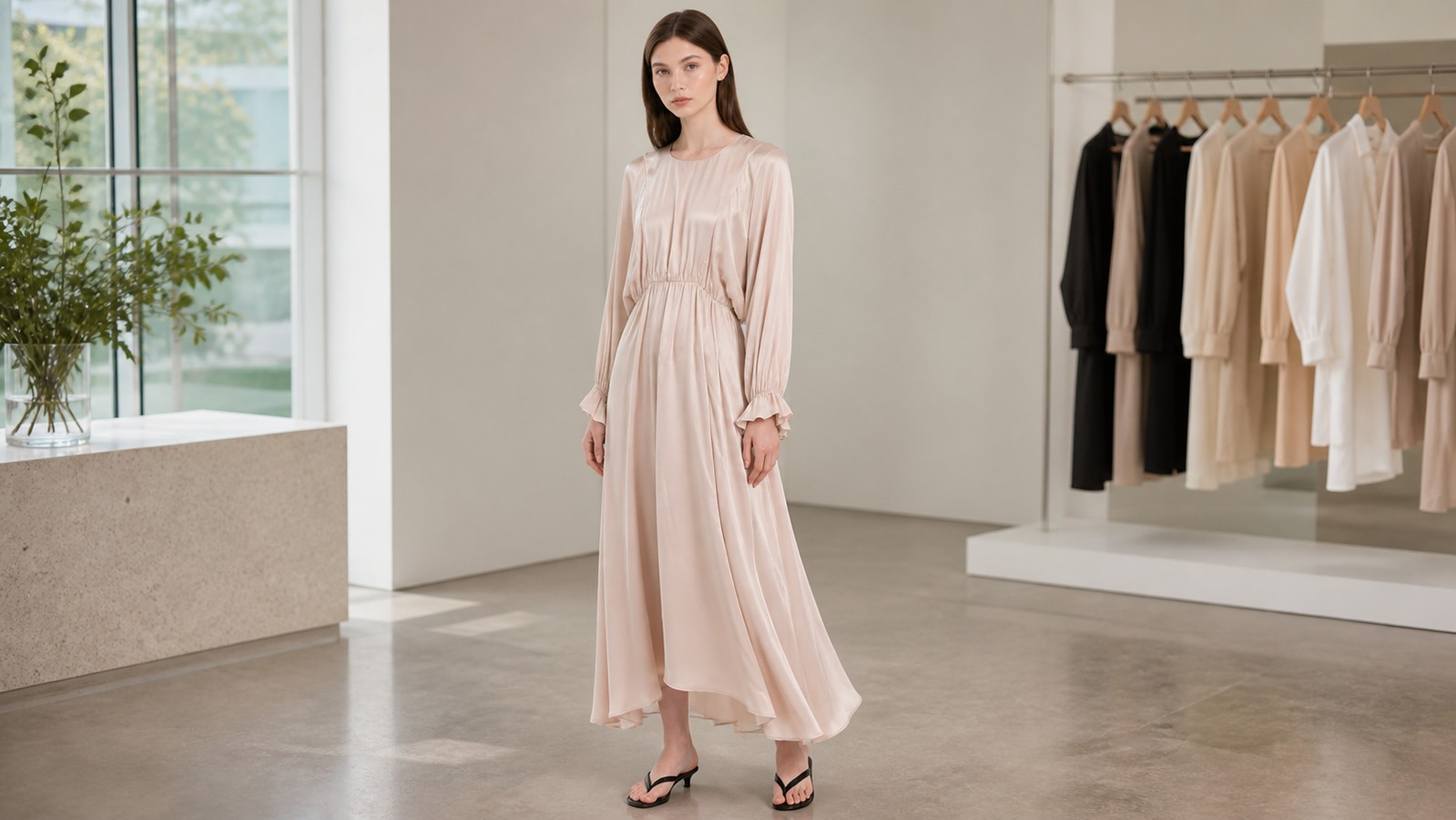 Satin Lantern Sleeve Maxi Dress for Private-Label Buyers