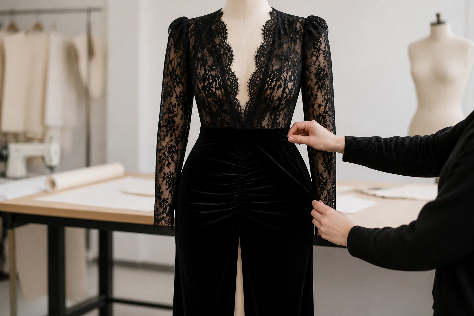 How should buyers assess a plus size black lace velvet evening gown?