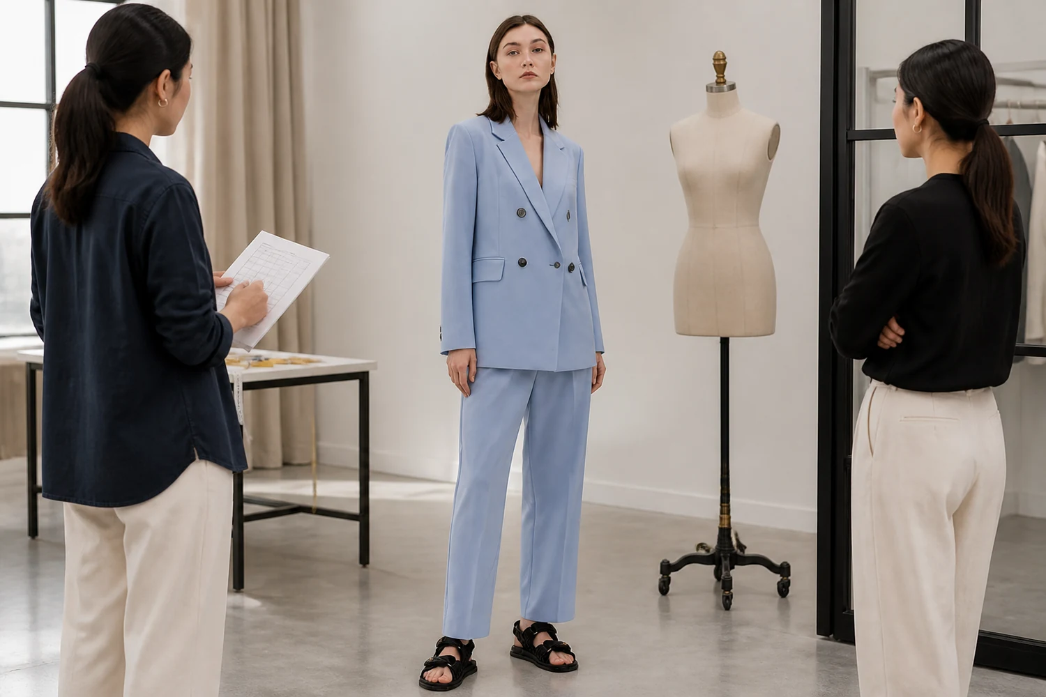 How Should Buyers Review a Minimalist Light Blue Women's Pant Suit?