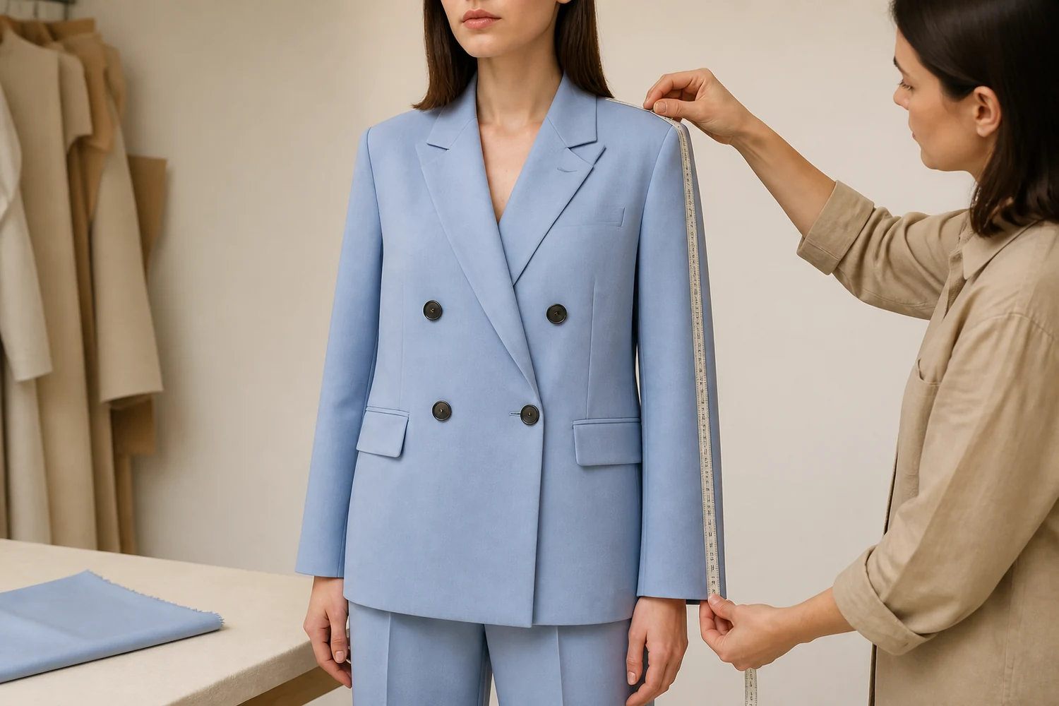 How Should Buyers Review a Minimalist Light Blue Women's Pant Suit?
