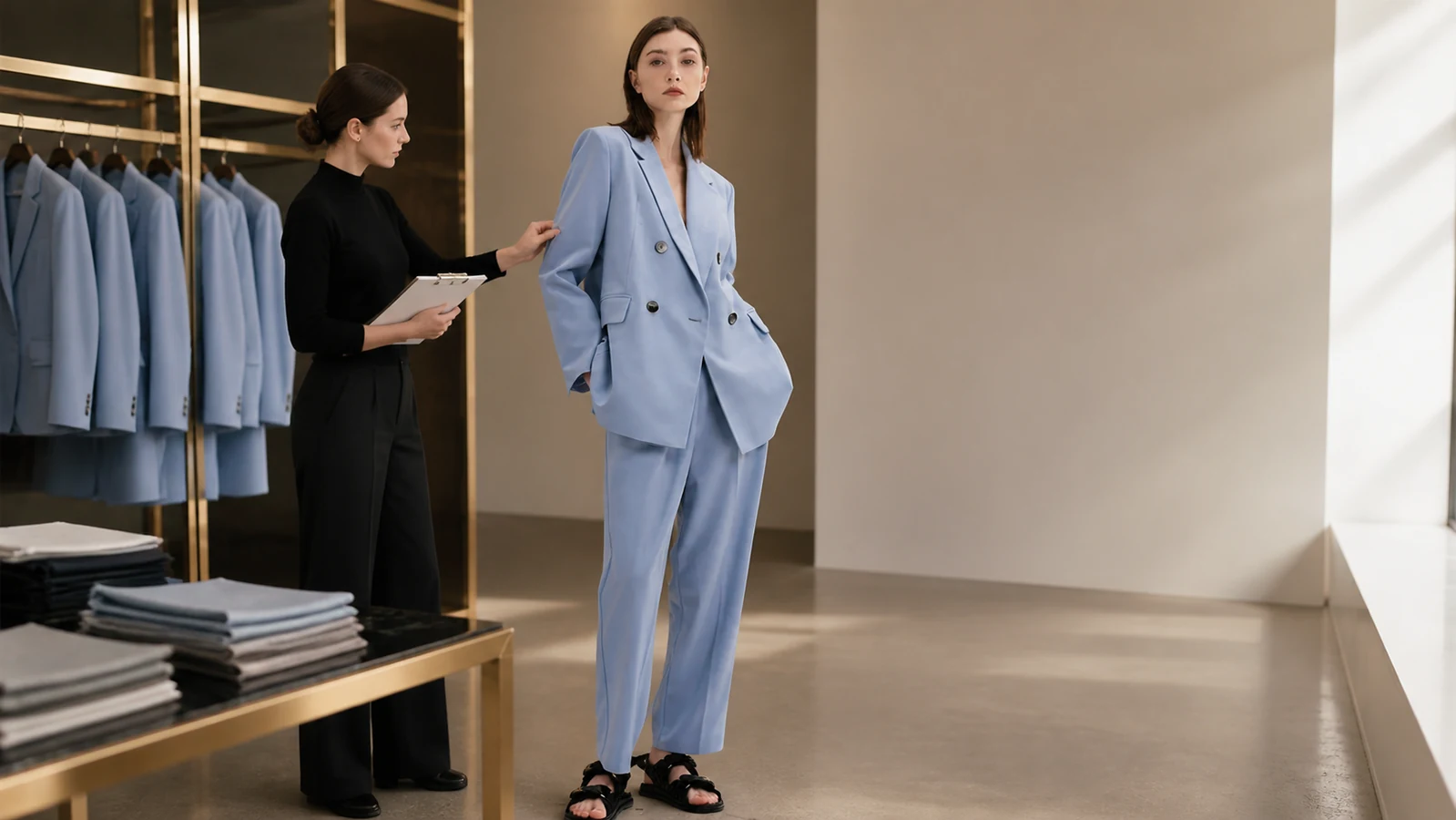How Should Buyers Review a Minimalist Light Blue Women's Pant Suit?