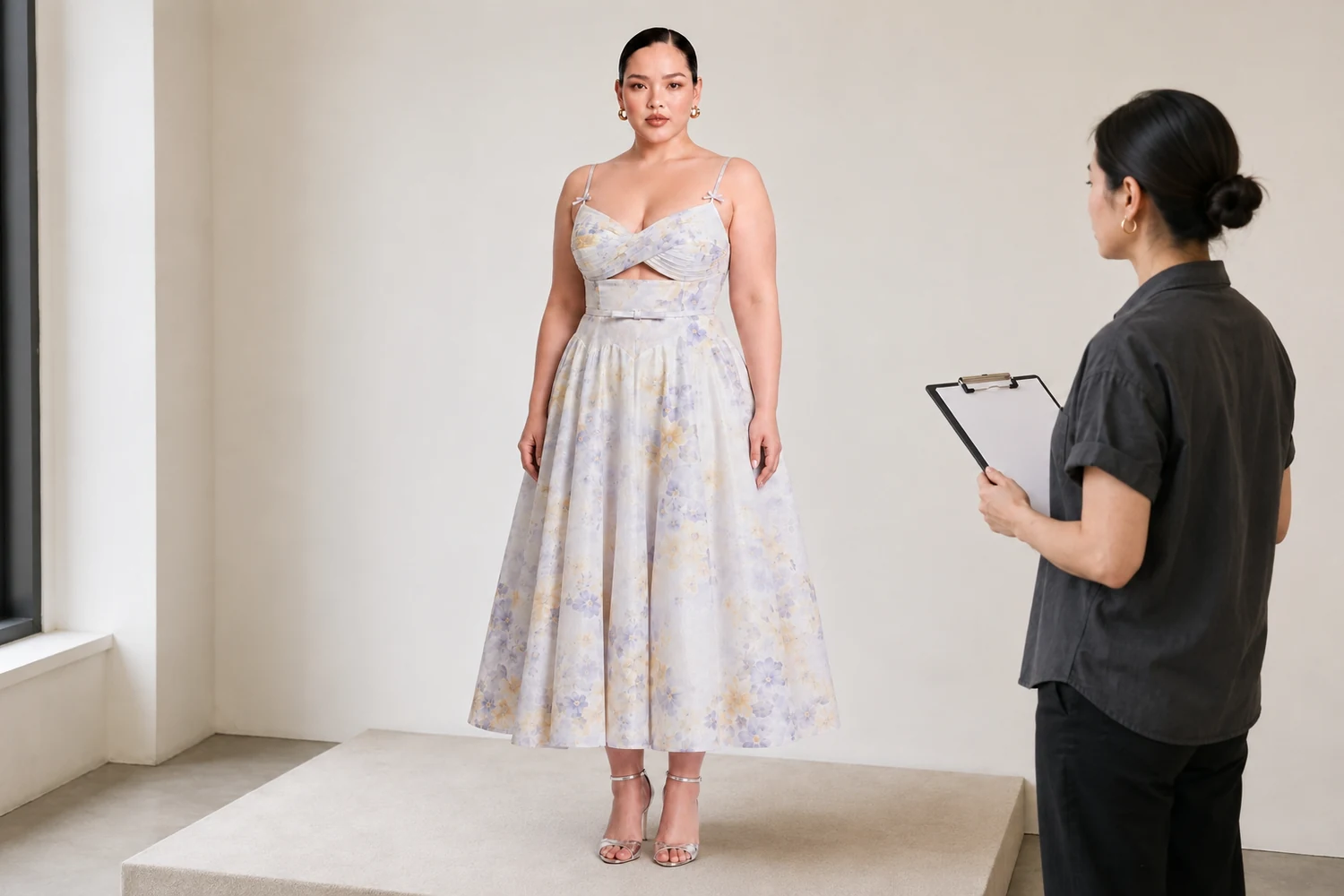 What Should a Floral Print Cutout Midi Dress Sample Review Cover?