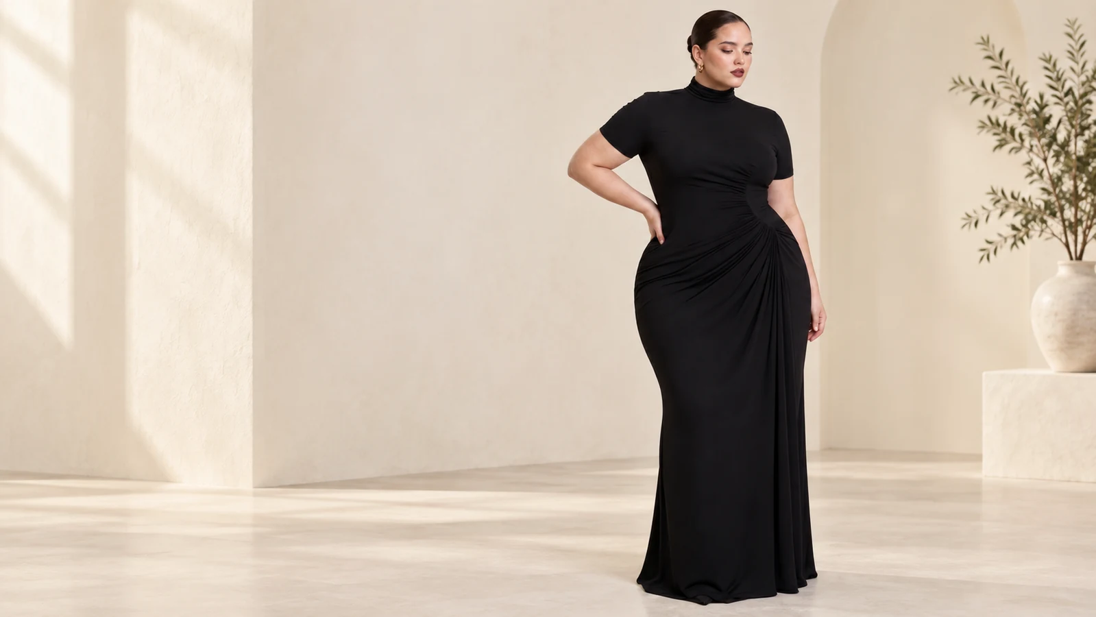 Where Does a Plus Size Ruched Mock Neck Maxi Dress Fit?