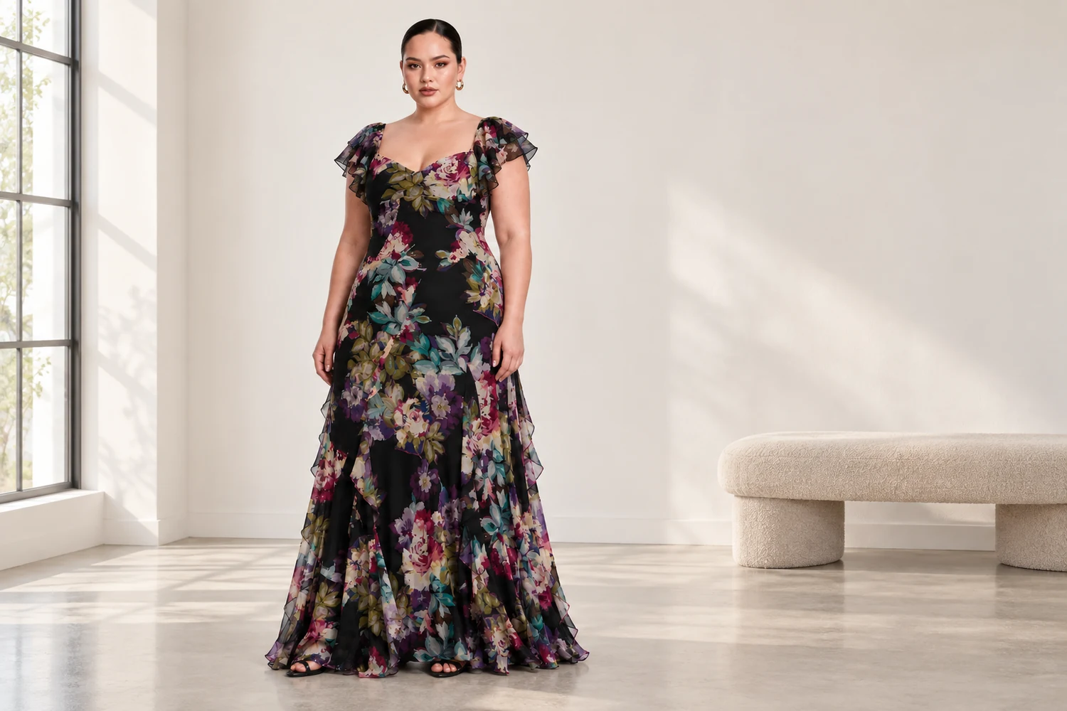 How to Choose a Plus Size Floral Print Chiffon Maxi Evening Dress?