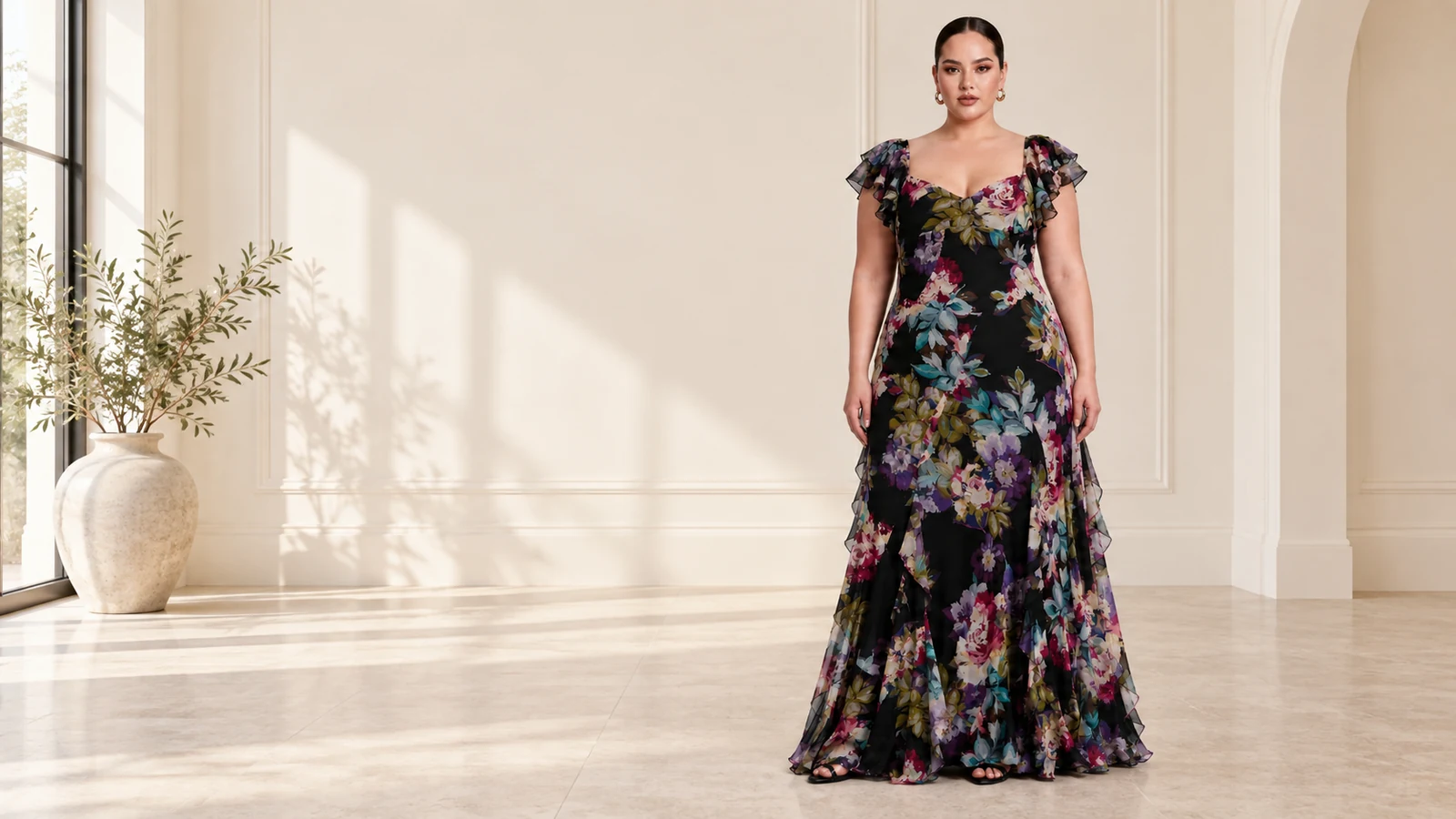 How to Choose a Plus Size Floral Print Chiffon Maxi Evening Dress?