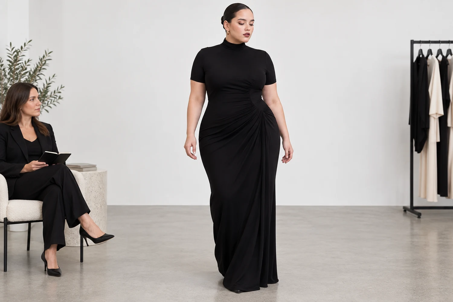 How can a plus size ruched mock neck maxi dress fit an event brief?