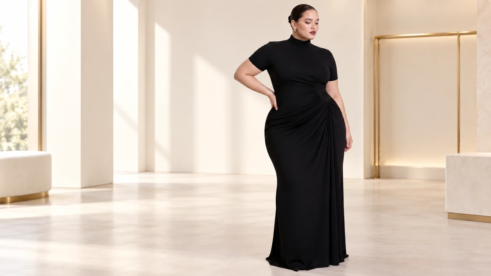 How can a plus size ruched mock neck maxi dress fit an event brief?