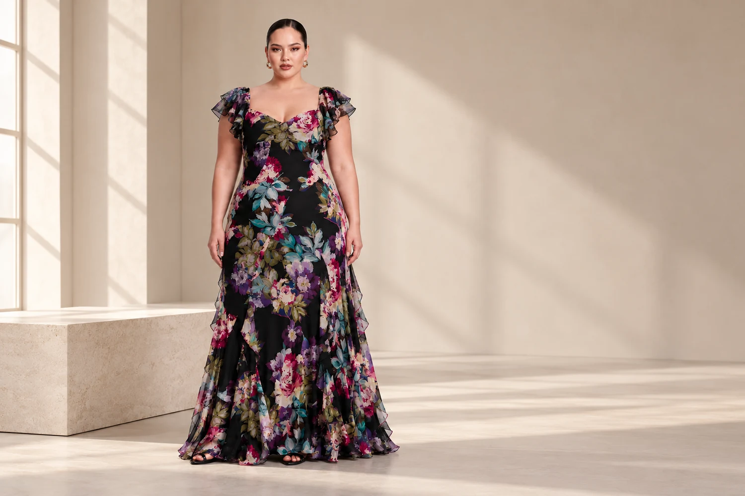 How to assess a plus size floral print chiffon maxi evening dress?