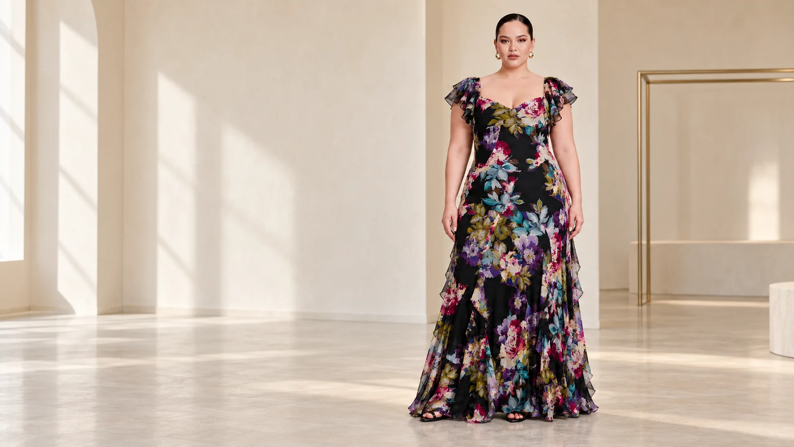 How to assess a plus size floral print chiffon maxi evening dress?